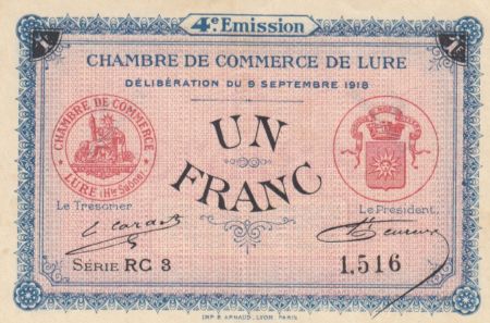 France 1 Franc - Chambre de Commerce de Lure 1918 - SUP+