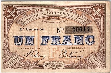 France 1 Franc - Chambre de Commerce de Sens 1916 - TTB