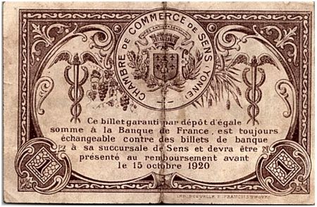 France 1 Franc - Chambre de Commerce de Sens 1916 - TTB