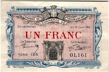 France 1 Franc - Chambre de Commerce de Toulon 1916 - TTB+