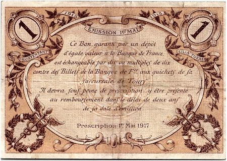 France 1 Franc - Chambre de Commerce de Tours 1915 - TTB