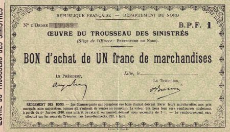 France 1 Franc - Oeuvre du Trousseau des réfugiés - Lille - 1916