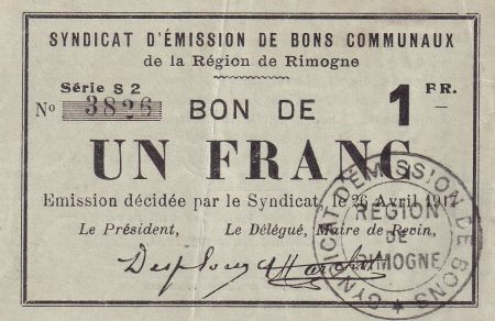 France 1 Franc - Syndicat d\'Emission de Bons Communaux - Rimogne - 1917 - Série S.2 - P.08-190