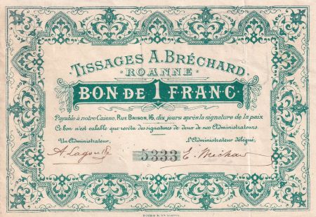 France 1 Franc - Tissage A. Bréchard - Roanne - 1914 - P.42-50