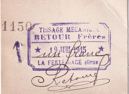 France 1 Franc - Tissage Mécanique - La Ferté-Macé - 1915 - P.61.06