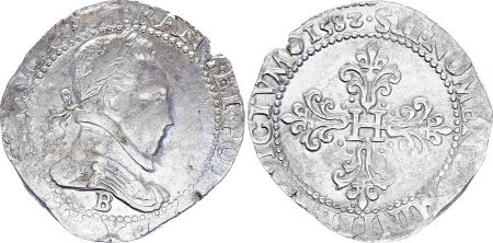 France 1 Franc, Henri III  Col Plat - 1582 B Rouen  - Argent - TTB