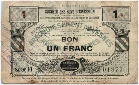 France 1 Franc Avesnes Et Solesmes Commune - 1916