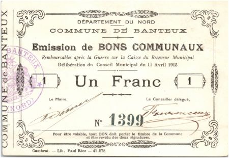 France 1 Franc Banteux Commune - 1915