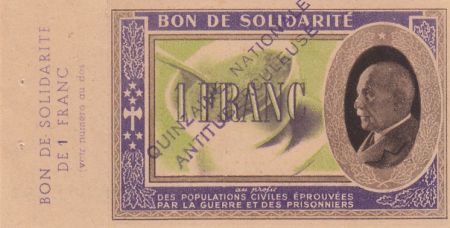 France 1 Franc Bon de Solidarité Pétain - Bol de Soupe 1941-1942 - SPL -  Quinzaine Anti-Tuberculeuse