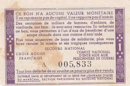 France 1 Franc Bon de Solidarité Pétain - Bol de Soupe 1941-1942 - TTB - Série A.005.8333