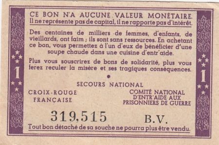 France 1 Franc Bon de Solidarité Pétain - Bol de Soupe 1941-1942 - TTB - Série BV