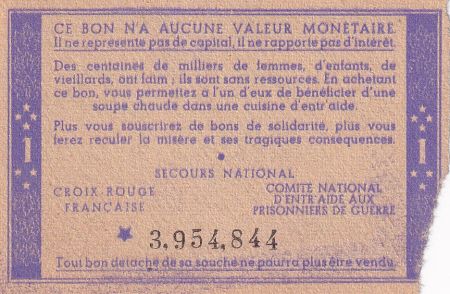 France 1 Franc Bon de Solidarité Pétain - Bol de Soupe 1941-1942