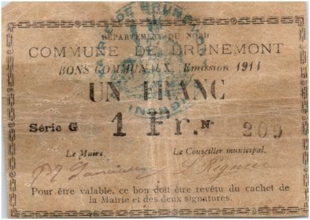 France 1 Franc Brunemont Commune - 1914