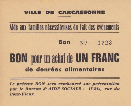 France 1 Franc Carcassonne Bon pour un achat de 1 franc de denrées alimentaires