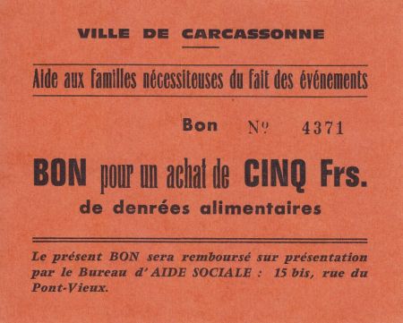 France 1 Franc Carcassonne Bon pour un achat de 5 francs de denrées alimentaires