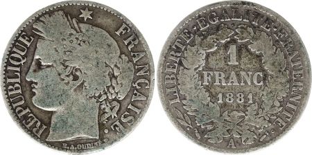 France 1 Franc Cérès - 1881 A Paris - Argent