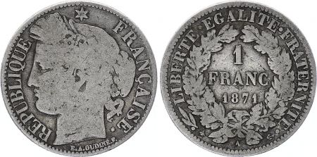 France 1 Franc Cérès - Gouvernement National - 1871 A Paris Argent