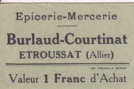 France 1 Franc Etroussat Burlaud Courtinat - 12/12/1914