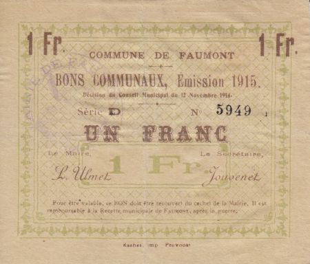 France 1 Franc Faumont Commune - 1915