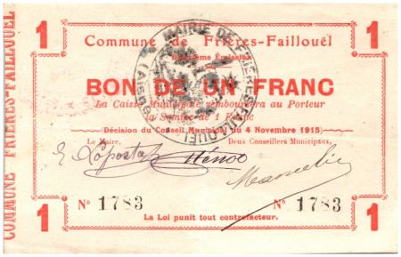 France 1 Franc Frieres-Faillouel Commune - 1915