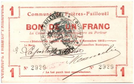 France 1 Franc Frieres-Faillouel Commune - 1915