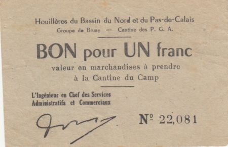 France 1 Franc Houillières du Pas de Calais - Prisonniers de Guerre 1940-1945