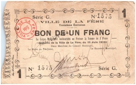 France 1 Franc La-Fère Ville - Série G - 1915
