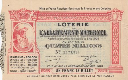 France 1 Franc Loterie Allaitement Maternel - 1905 - TTB
