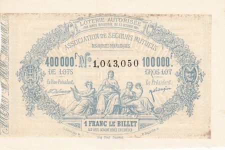 France 1 Franc Loterie Association de Secours Mutuels des Artistes Dramatiques 1881 - SUP +