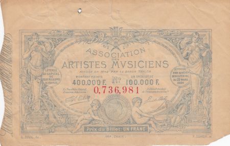 France 1 Franc Loterie Association des Musiciens- 1884 - TTB