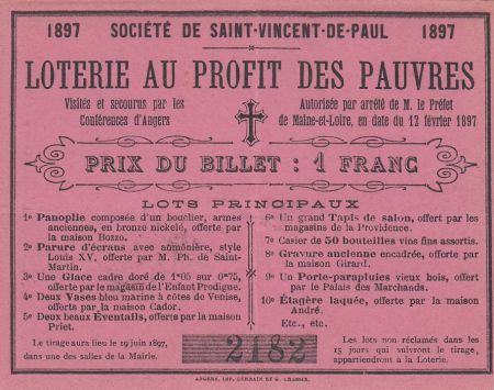France 1 Franc Loterie au Profit des Pauvres St Vincent de Paul- 1897 - SUP