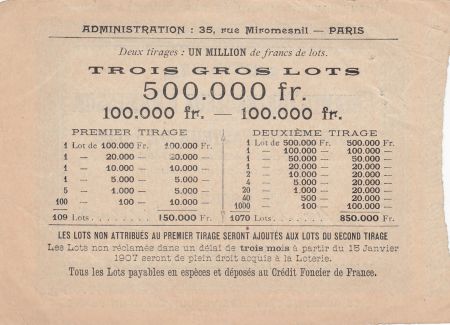France 1 Franc Loterie Enfants Tuberculeux d\'Ormesson - Institut Pasteur de Lille - 1906 - TTB