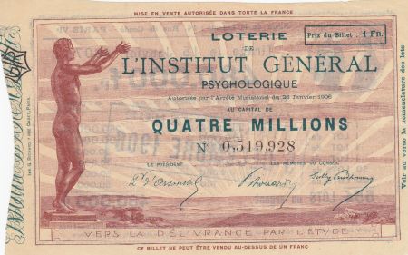 France 1 Franc Loterie Institut Général Psychologique - 1906 - TTB