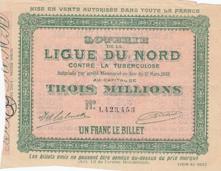 France 1 Franc Loterie Ligue du Nord contre la Tuberculose - 1903 - TTB