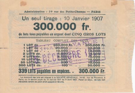 France 1 Franc Loterie Mutualité Maternelle - 1905 - TTB