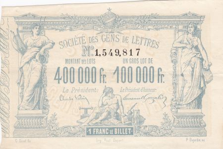 France 1 Franc Loterie Société des gens de Lettres - 1882 - SUP