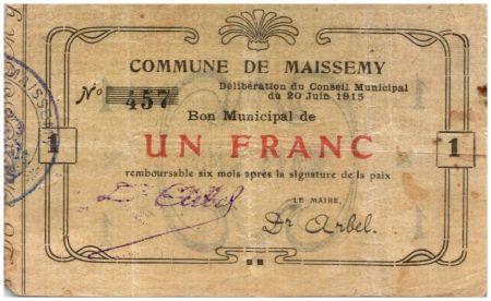 France 1 Franc Maissemy Commune - N457 - 1915
