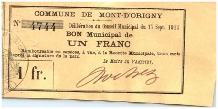 France 1 Franc Mont d\'Origny Commune - 17/09/1914