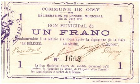 France 1 Franc Oisy Bon Municipal - N1603 - 1915