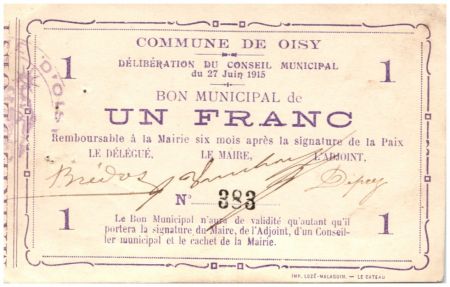France 1 Franc Oisy Bon Municipal - N383 - 1915