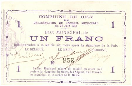 France 1 Franc Oisy Bon Municipal - N953 - 1915