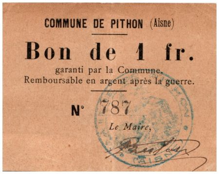 France 1 Franc Pithon Commune - N787 - 1914