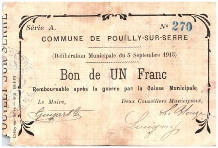 France 1 Franc Pouilly-Sur-Serre Commune - Série A - 1915