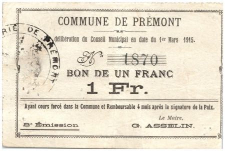 France 1 Franc Premont Commune - 2ème émission N1870 - 1915