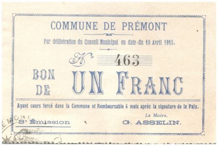 France 1 Franc Premont Commune - 3ème émission N463 - 1915