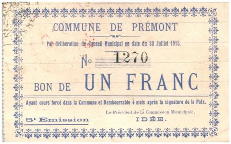 France 1 Franc Premont Commune - 5ème émission N1270 - 1915