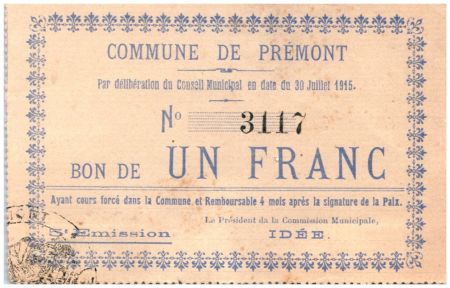 France 1 Franc Premont Commune - 5ème émission N3117 - 1915