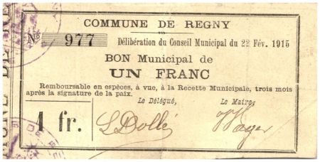 France 1 Franc Regny Commune - 1915