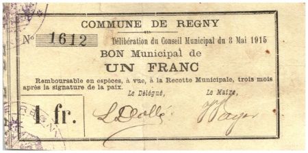 France 1 Franc Regny Commune - N1612 - 1915