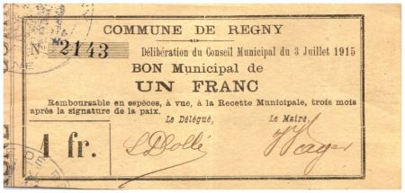 France 1 Franc Regny Commune - N2143 - 1915
